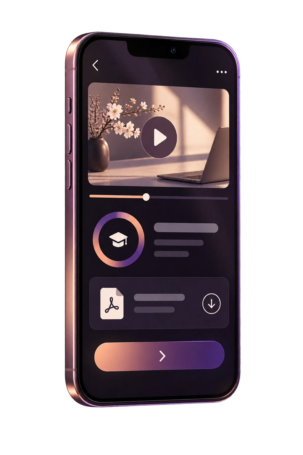動画、進捗、PDF教材を表示したスマートフォンの学習イメージ